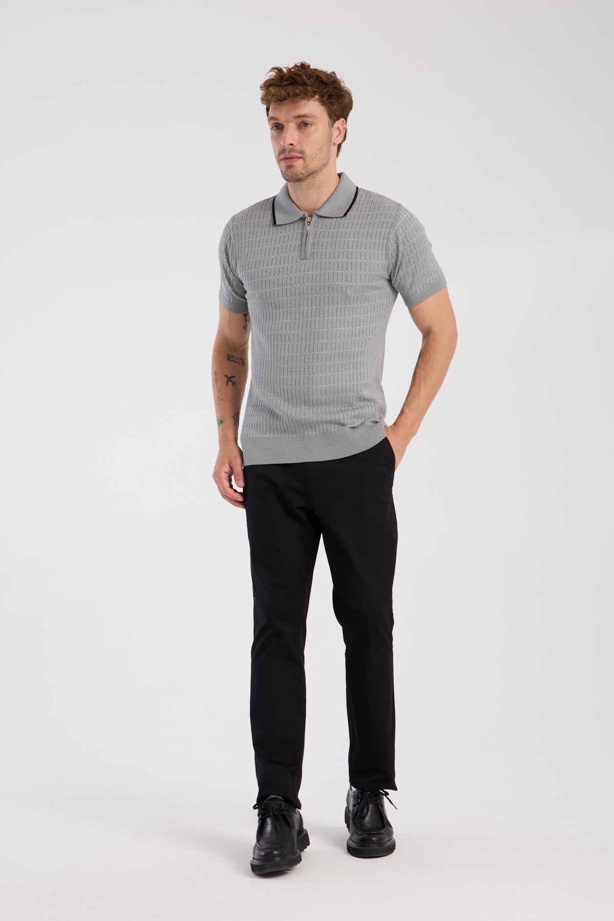 AClub Sierra Örme Kumaş Viskon Karışımlı Slim Fit Gri Polo Yaka Erkek Düz Polo Shirt