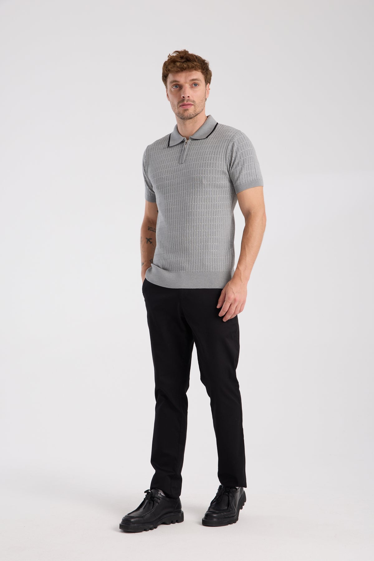 AClub Sierra Örme Kumaş Viskon Karışımlı Slim Fit Gri Polo Yaka Erkek Düz Polo Shirt