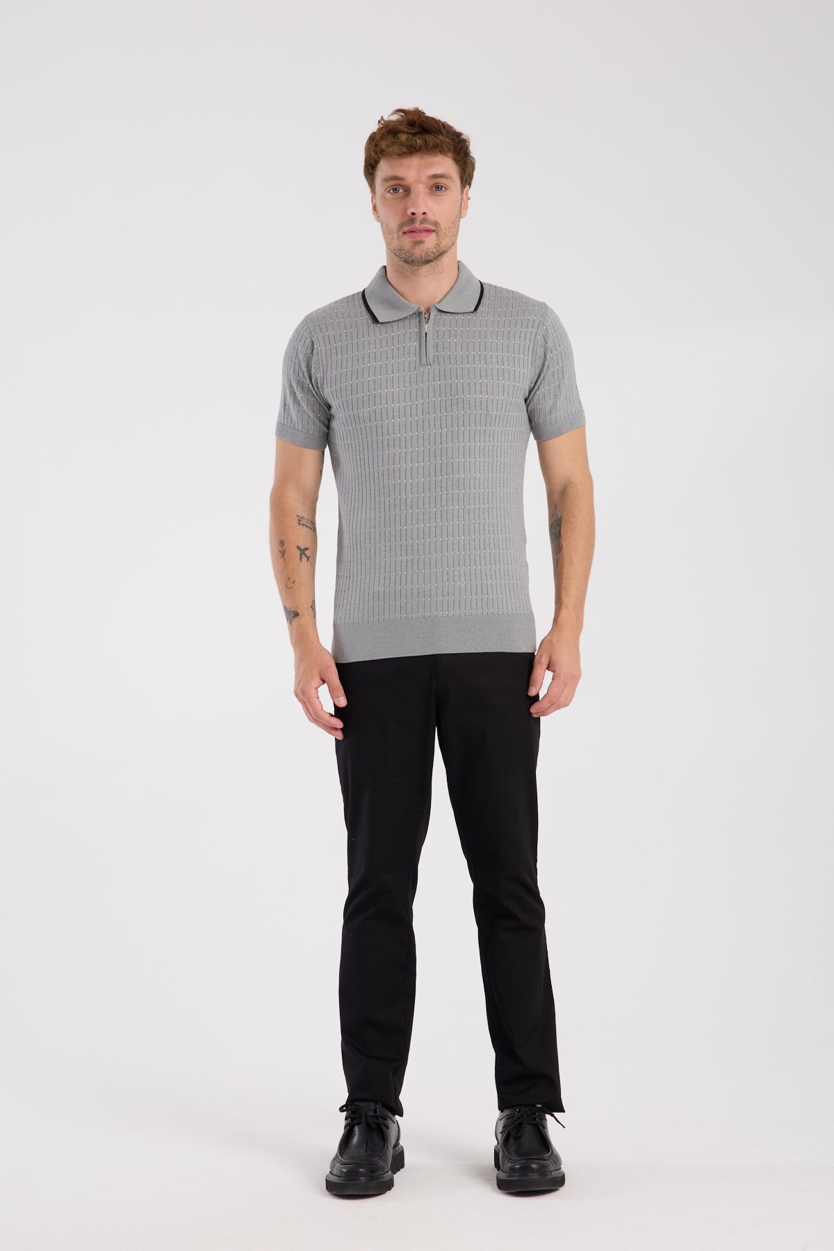 AClub Sierra Örme Kumaş Viskon Karışımlı Slim Fit Gri Polo Yaka Erkek Düz Polo Shirt