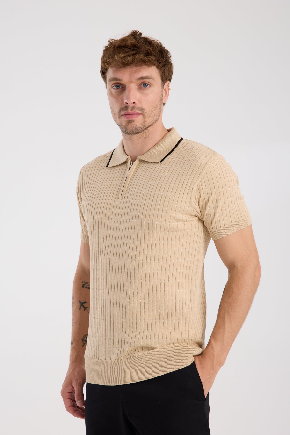 AClub Sierra Örme Kumaş Viskon Karışımlı Slim Fit Koyu Bej Polo Yaka Erkek Düz Polo Shirt