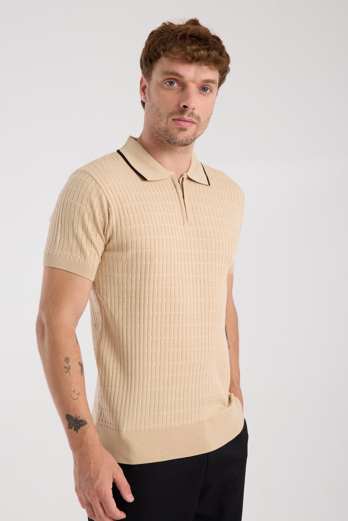 AClub Sierra Örme Kumaş Viskon Karışımlı Slim Fit Koyu Bej Polo Yaka Erkek Düz Polo Shirt