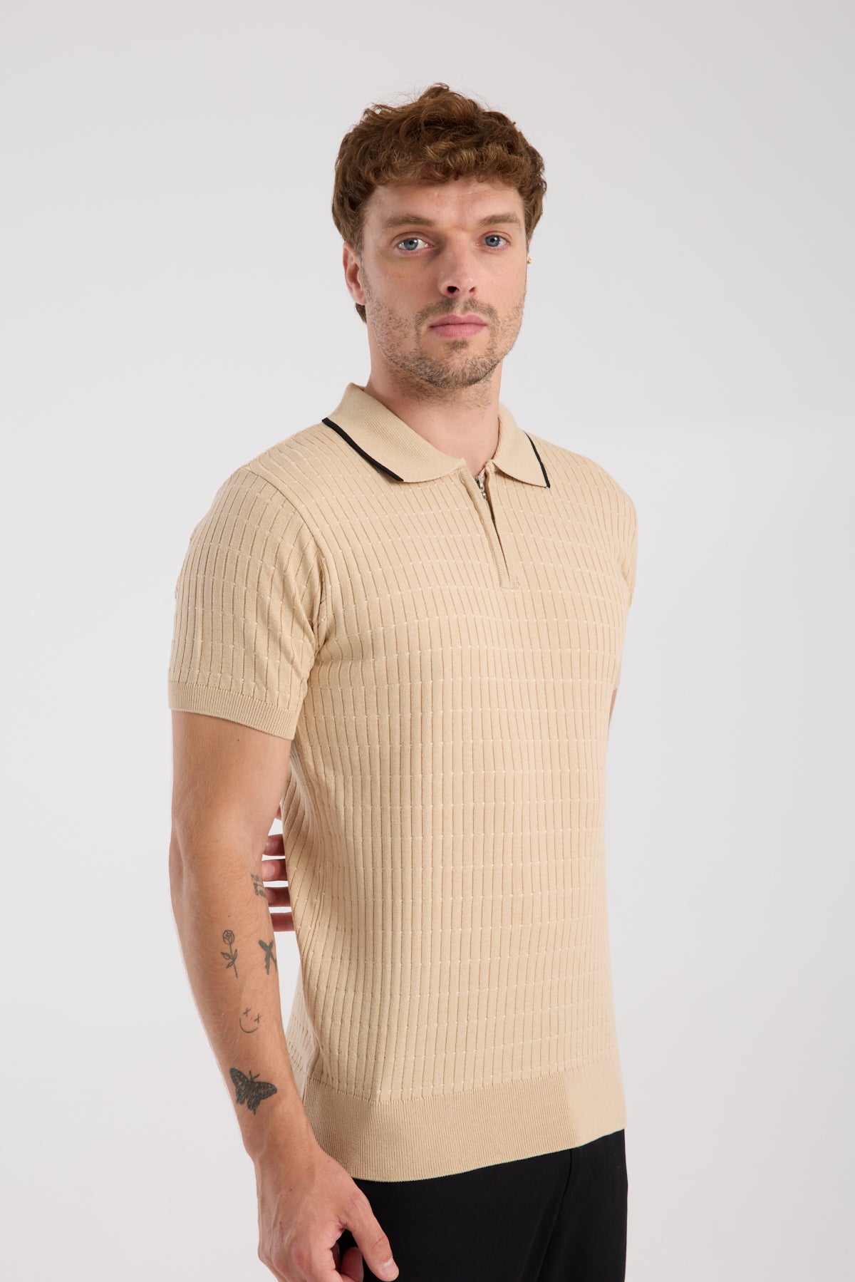 AClub Sierra Örme Kumaş Viskon Karışımlı Slim Fit Koyu Bej Polo Yaka Erkek Düz Polo Shirt