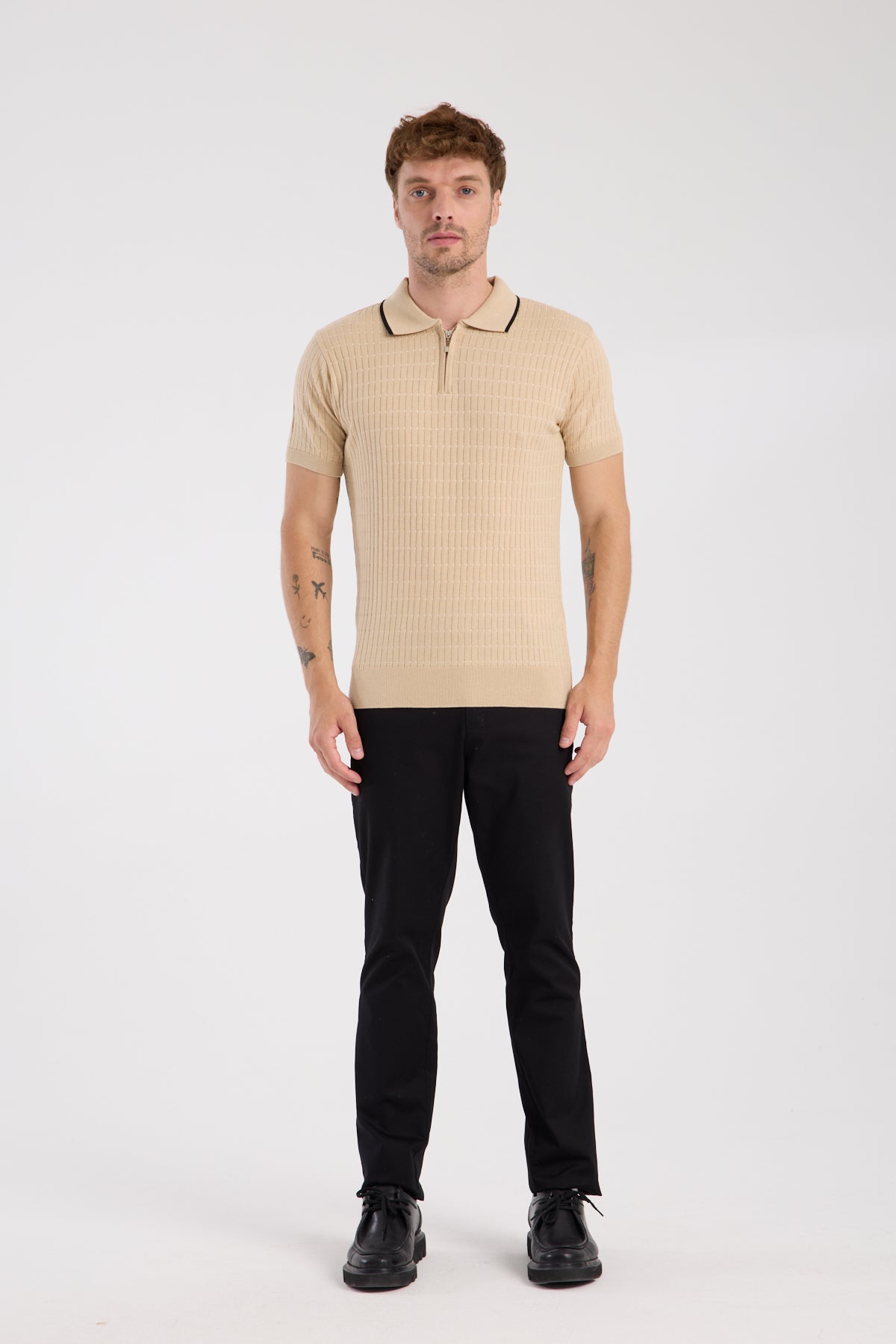 AClub Sierra Örme Kumaş Viskon Karışımlı Slim Fit Koyu Bej Polo Yaka Erkek Düz Polo Shirt