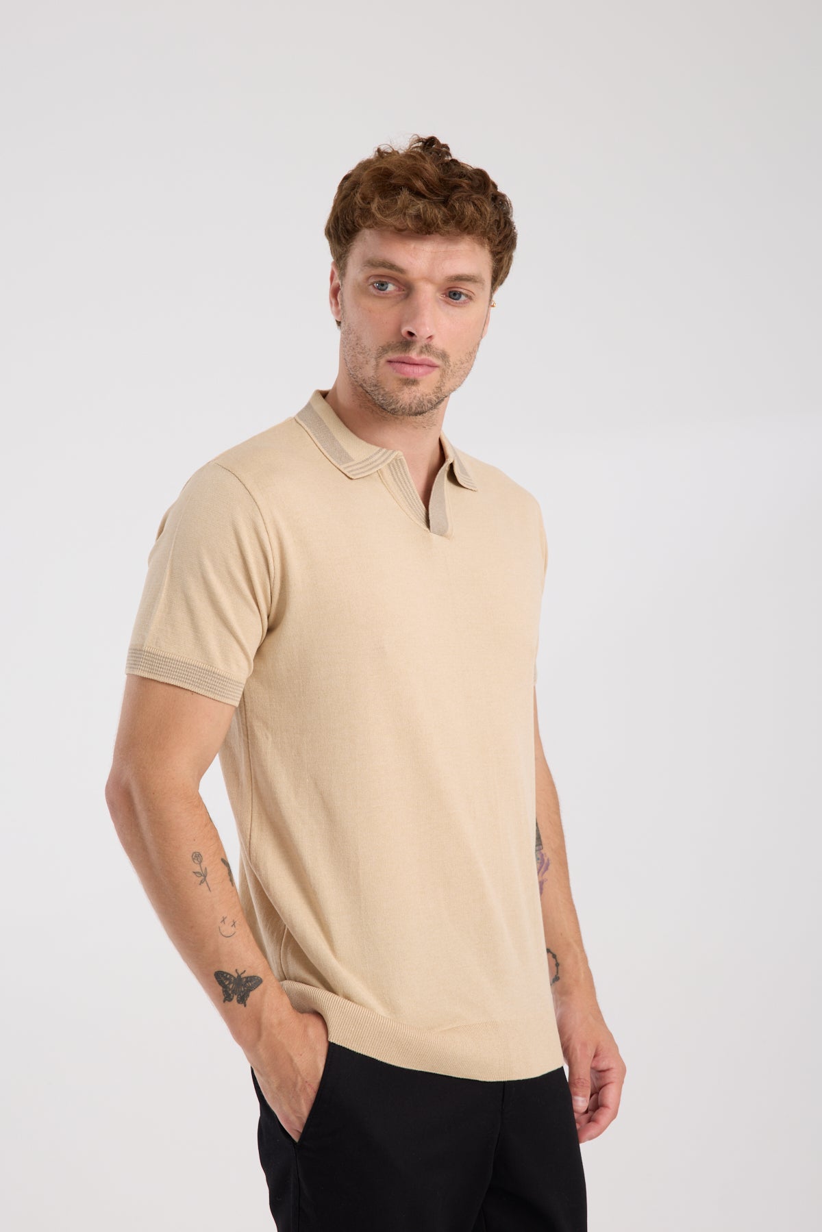 AClub Victor Örme Kumaş Viskon Karışımlı Slim Fit Koyu Bej Polo Yaka Erkek Düz Polo Shirt