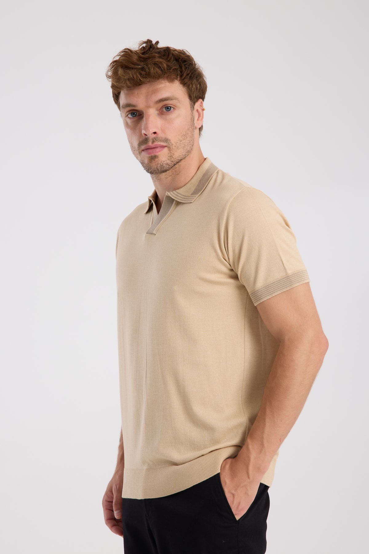 AClub Victor Örme Kumaş Viskon Karışımlı Slim Fit Koyu Bej Polo Yaka Erkek Düz Polo Shirt