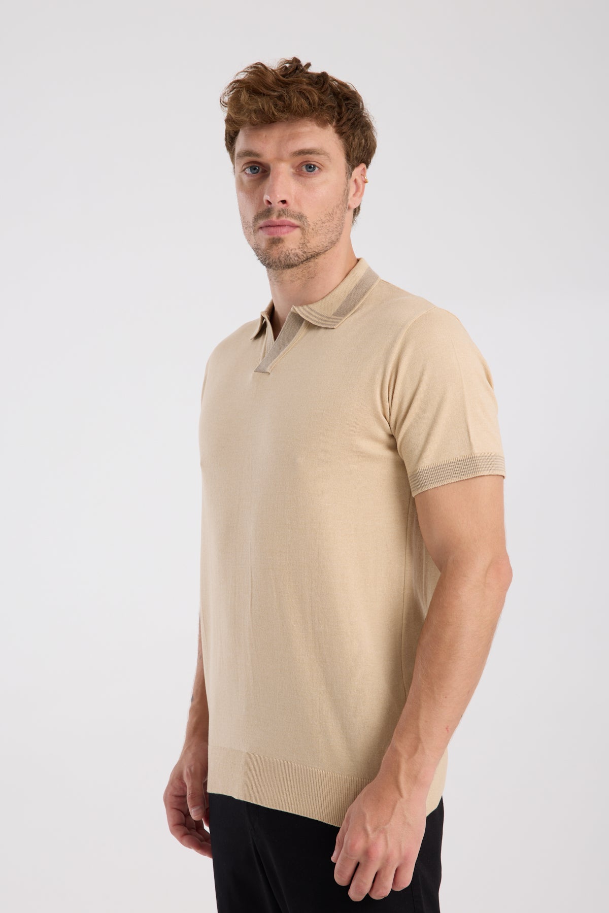 AClub Victor Örme Kumaş Viskon Karışımlı Slim Fit Koyu Bej Polo Yaka Erkek Düz Polo Shirt