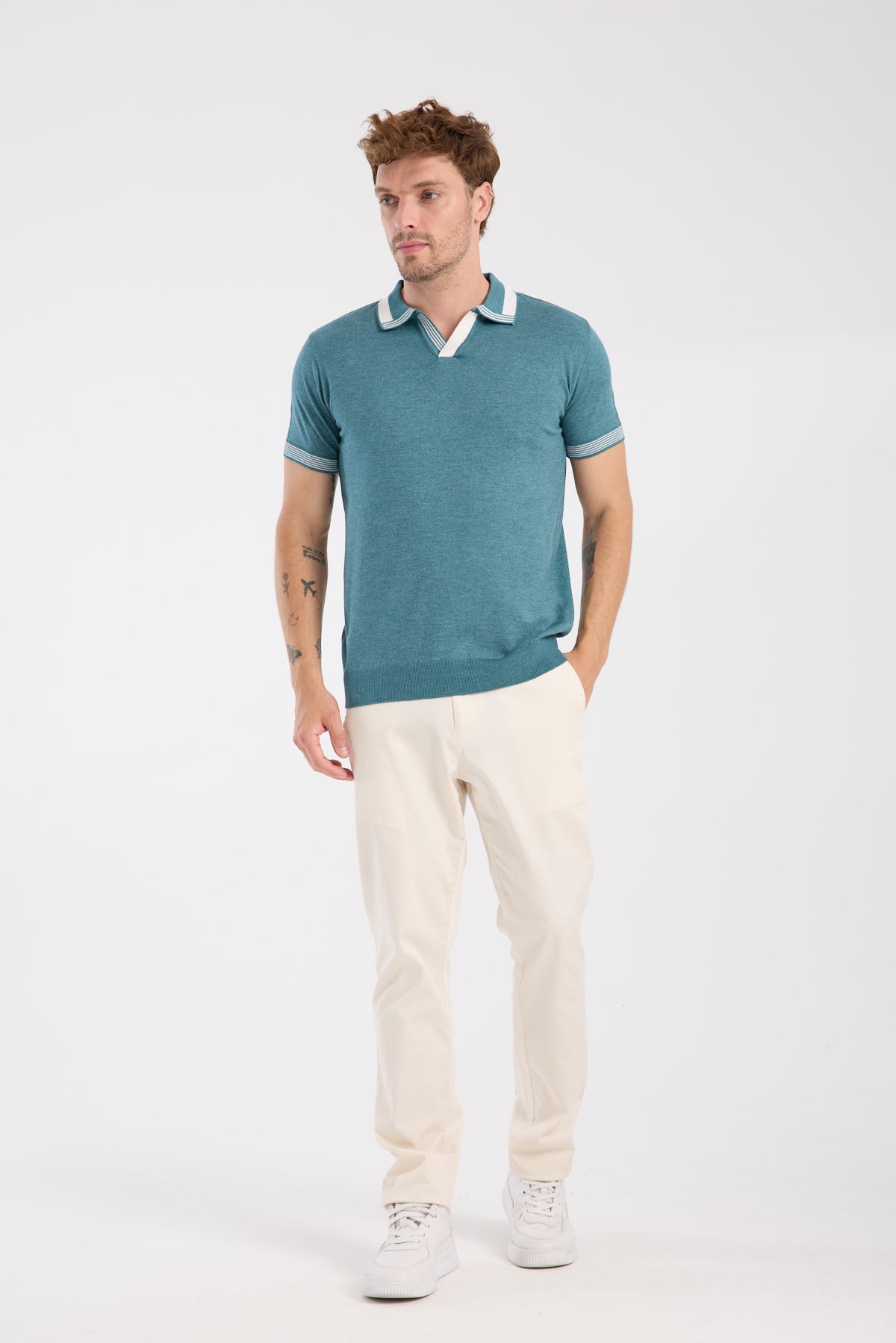AClub Victor Örme Kumaş Viskon Karışımlı Slim Fit Petrol Polo Yaka Erkek Düz Polo Shirt