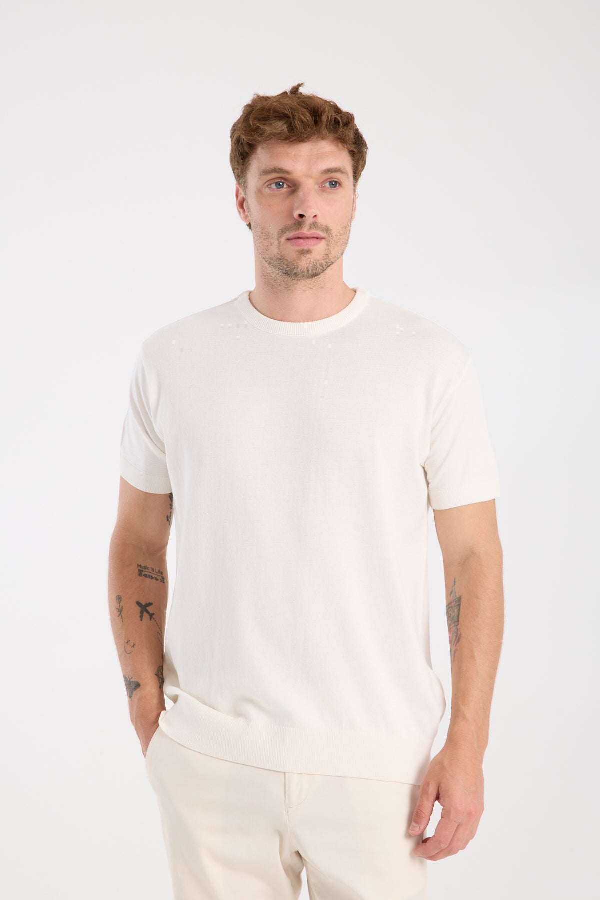 AClub Zulu Örme Kumaş Viskon Karışımlı Slim Fit Ekru Bisiklet Yaka Erkek Düz T-Shirt