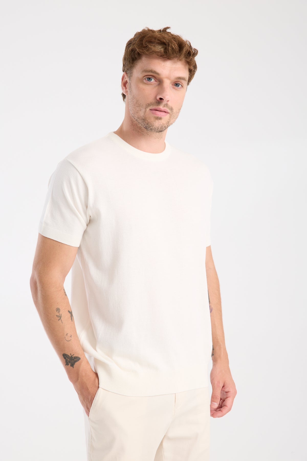 AClub Zulu Örme Kumaş Viskon Karışımlı Slim Fit Ekru Bisiklet Yaka Erkek Düz T-Shirt