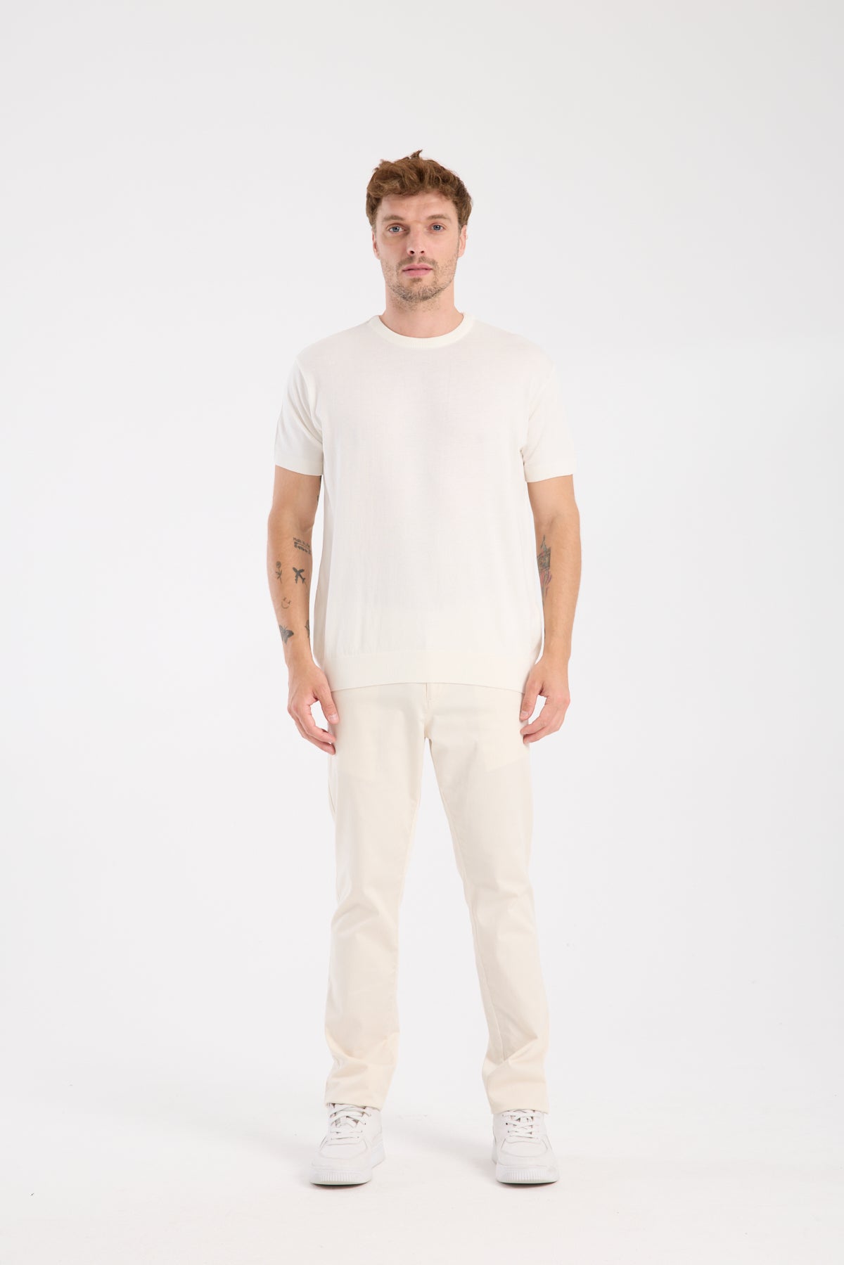 AClub Zulu Örme Kumaş Viskon Karışımlı Slim Fit Ekru Bisiklet Yaka Erkek Düz T-Shirt