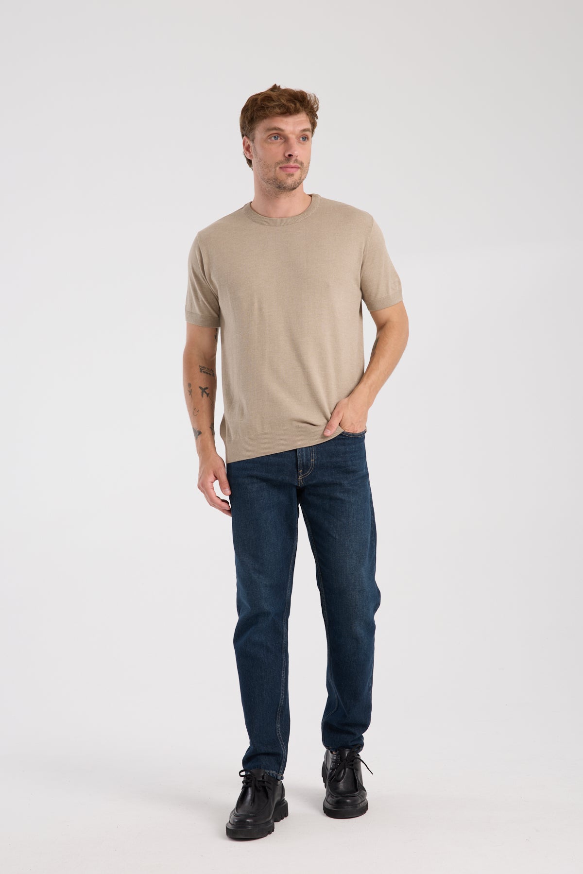 AClub Zulu Örme Kumaş Viskon Karışımlı Slim Fit Vizon Bisiklet Yaka Erkek Düz T-Shirt