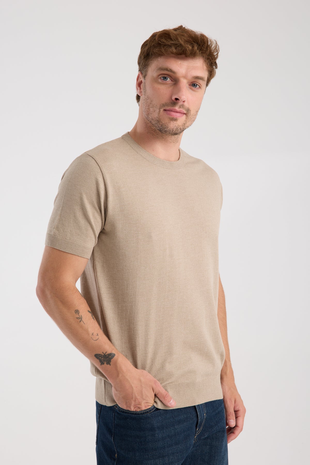 AClub Zulu Örme Kumaş Viskon Karışımlı Slim Fit Vizon Bisiklet Yaka Erkek Düz T-Shirt