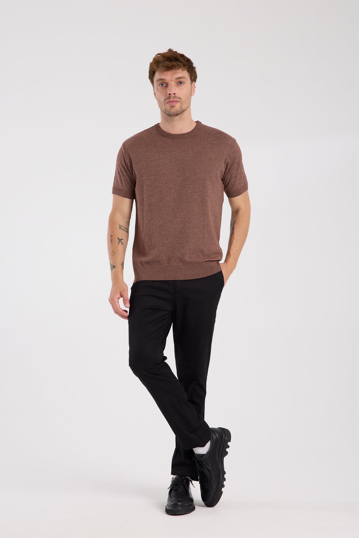 AClub Zulu Örme Kumaş Viskon Karışımlı Slim Fit Kahverengi Bisiklet Yaka Erkek Düz T-Shirt