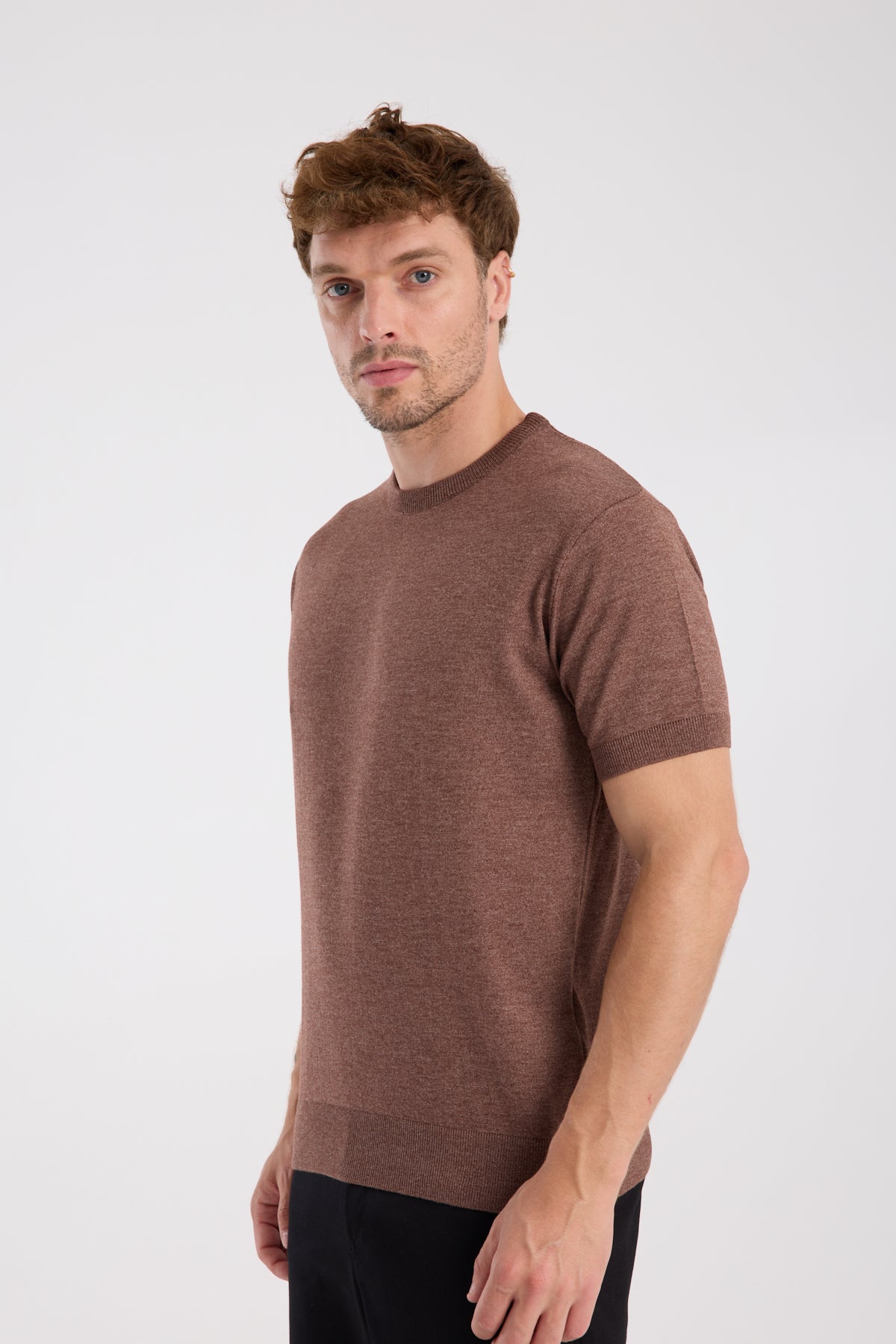 AClub Zulu Örme Kumaş Viskon Karışımlı Slim Fit Kahverengi Bisiklet Yaka Erkek Düz T-Shirt