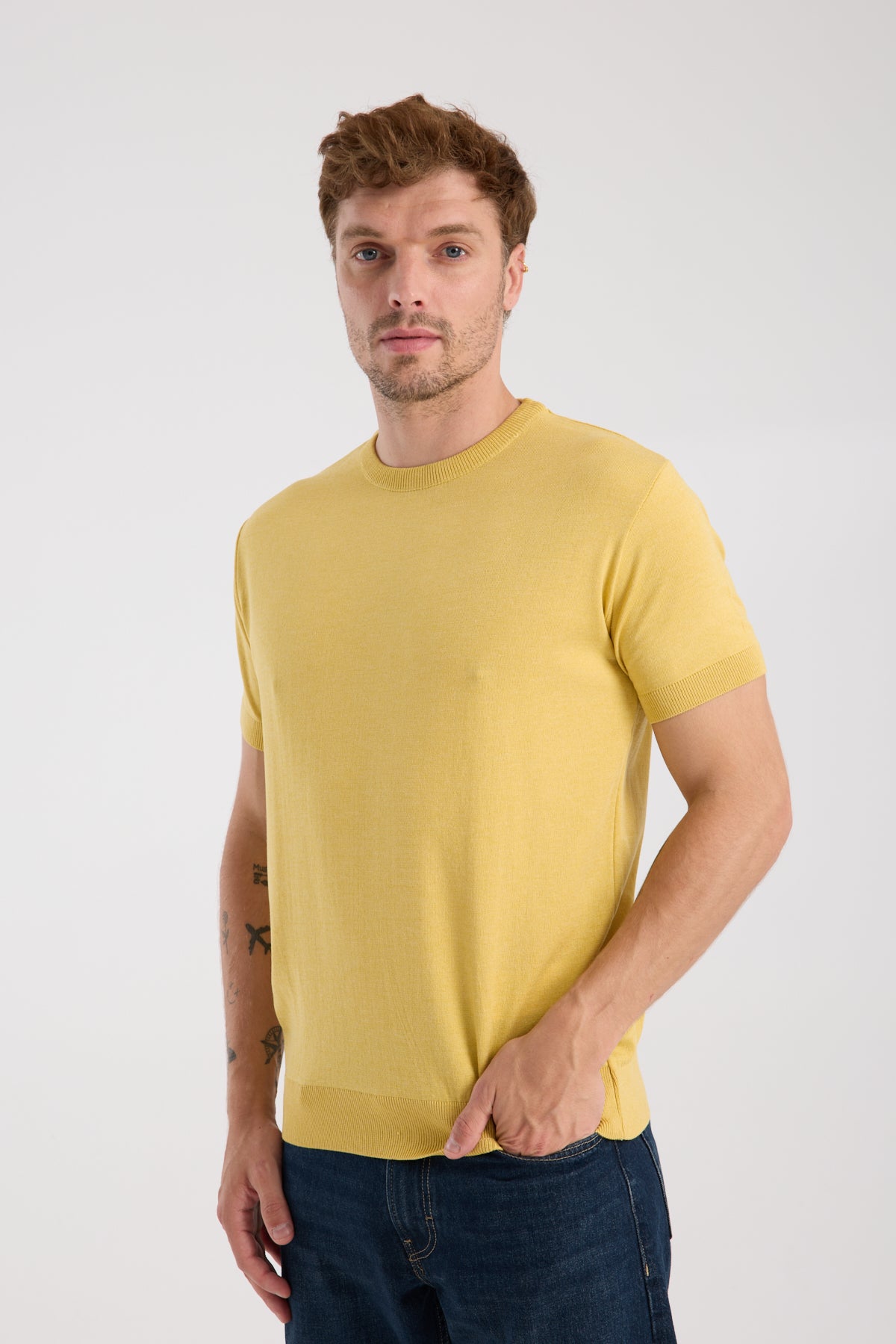 AClub Zulu Örme Kumaş Viskon Karışımlı Slim Fit Sarı Bisiklet Yaka Erkek Düz T-Shirt
