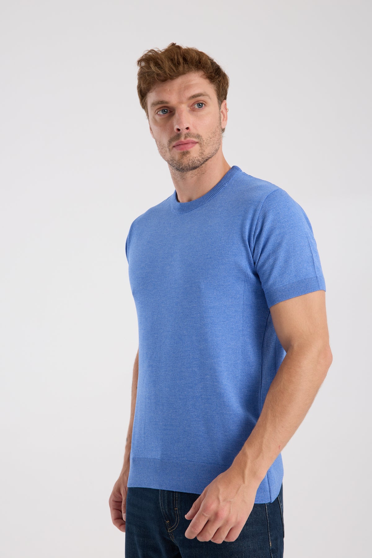 AClub Zulu Örme Kumaş Viskon Karışımlı Slim Fit İndigo Bisiklet Yaka Erkek Düz T-Shirt