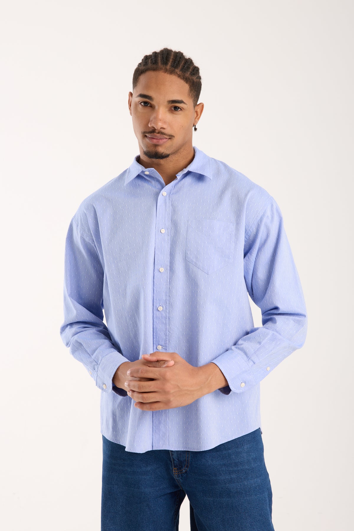 BB Club Rio Armür Pamuklu Oversize Fit Mavi Klasik Yaka Erkek Desenli Gömlek