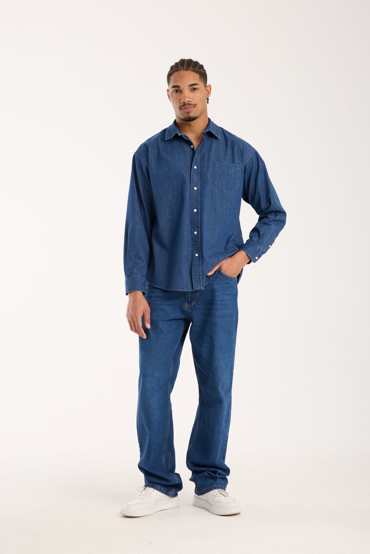 BB Club Rio Denim Pamuklu Oversize Fit Lacivert Klasik Yaka Erkek Düz Gömlek