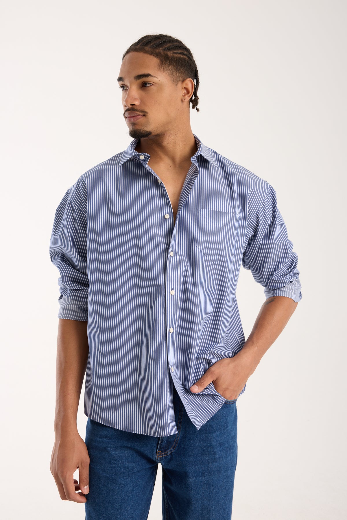 BB Club Rio Twill Pamuklu Oversize Fit Lacivert Klasik Yaka Erkek Çizgili Gömlek