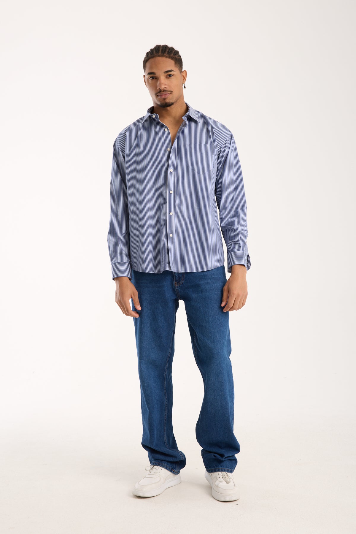 BB Club Rio Twill Pamuklu Oversize Fit Lacivert Klasik Yaka Erkek Çizgili Gömlek