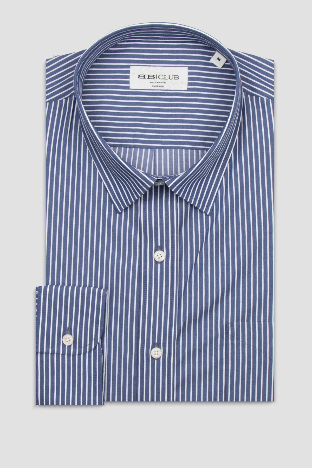 BB Club Rio Twill Pamuklu Oversize Fit Lacivert Klasik Yaka Erkek Çizgili Gömlek