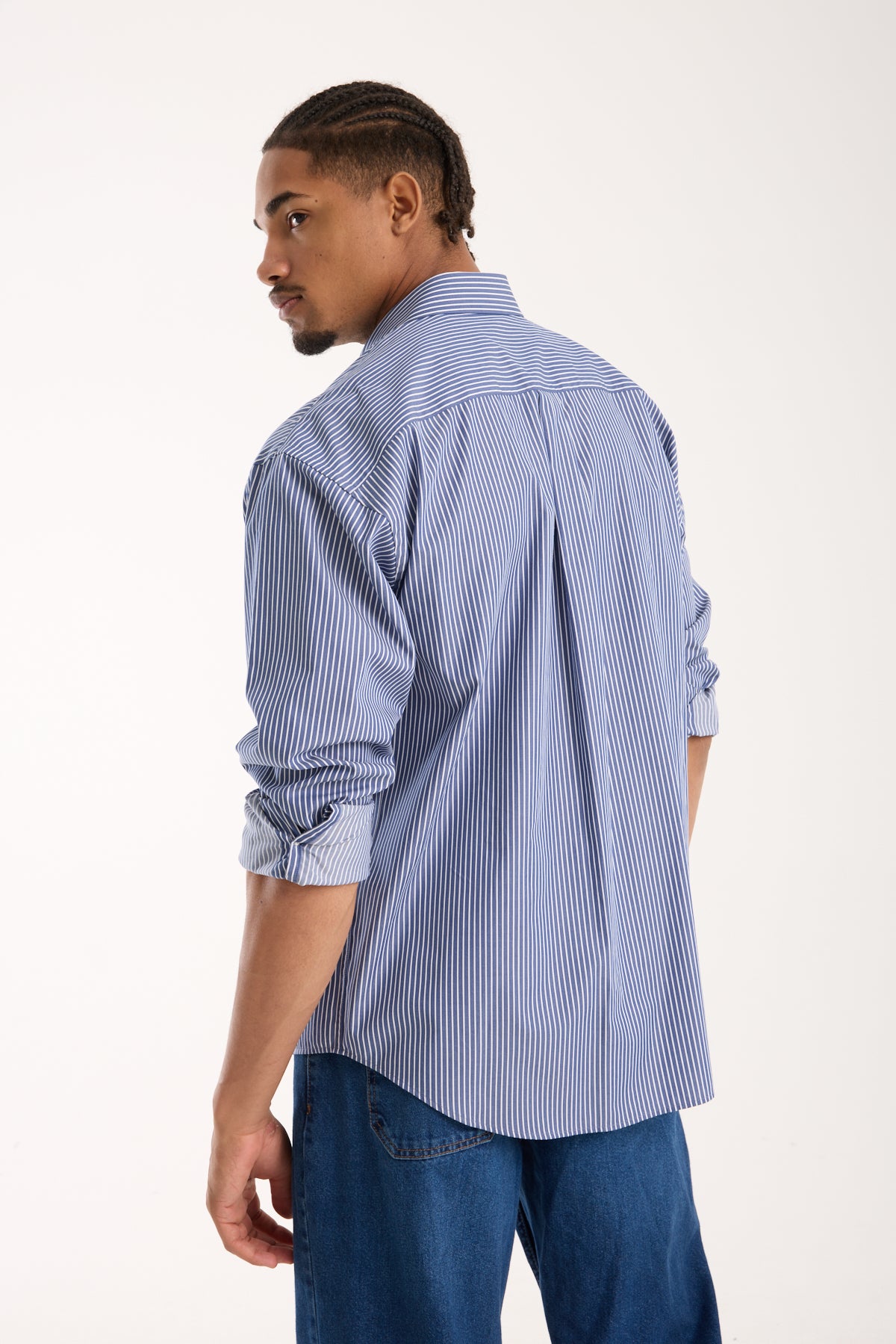 BB Club Rio Twill Pamuklu Oversize Fit Lacivert Klasik Yaka Erkek Çizgili Gömlek