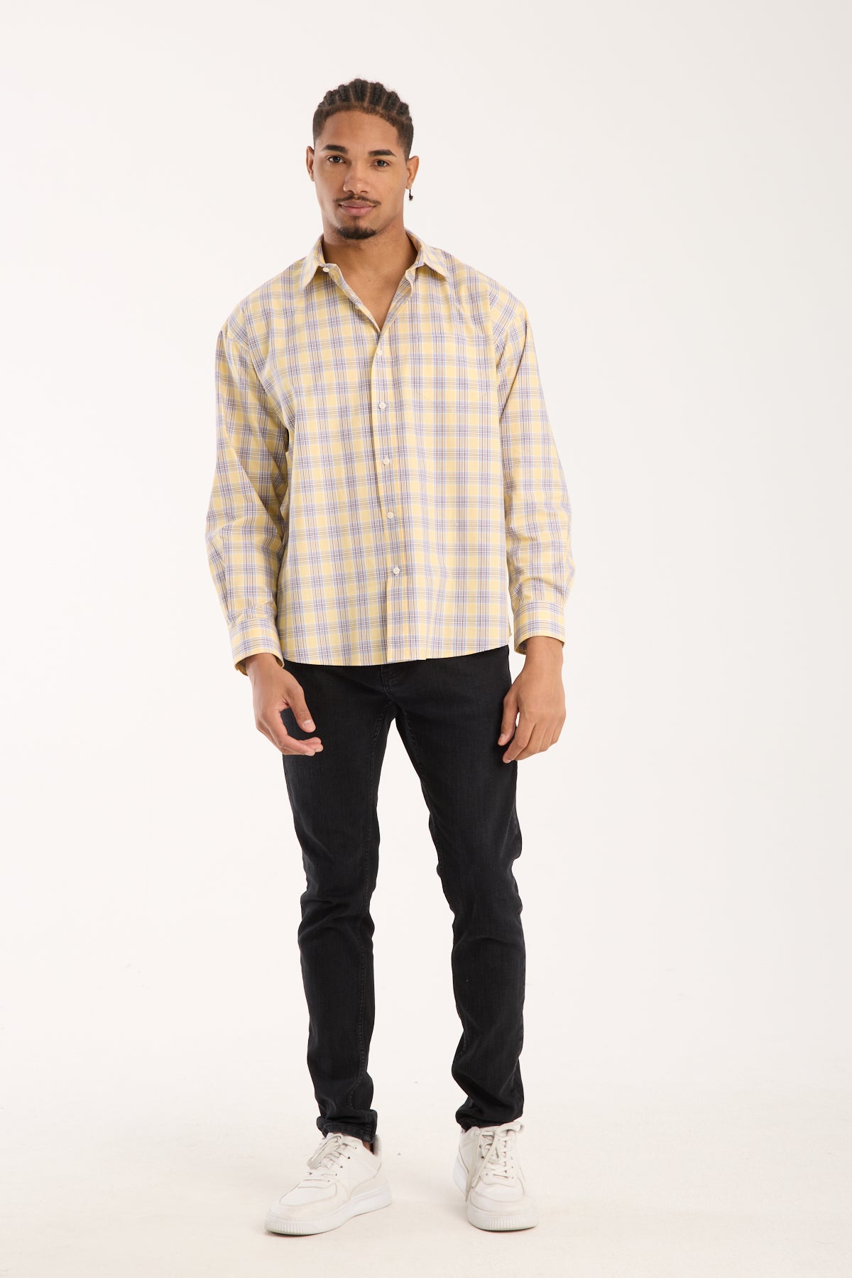 BB Club Rio Oxford Pamuklu Oversize Fit Sarı Klasik Yaka Erkek Ekoseli Gömlek