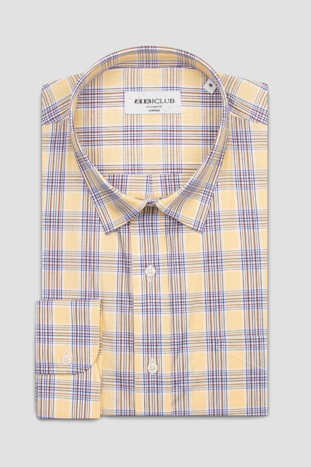 BB Club Rio Oxford Pamuklu Oversize Fit Sarı Klasik Yaka Erkek Ekoseli Gömlek