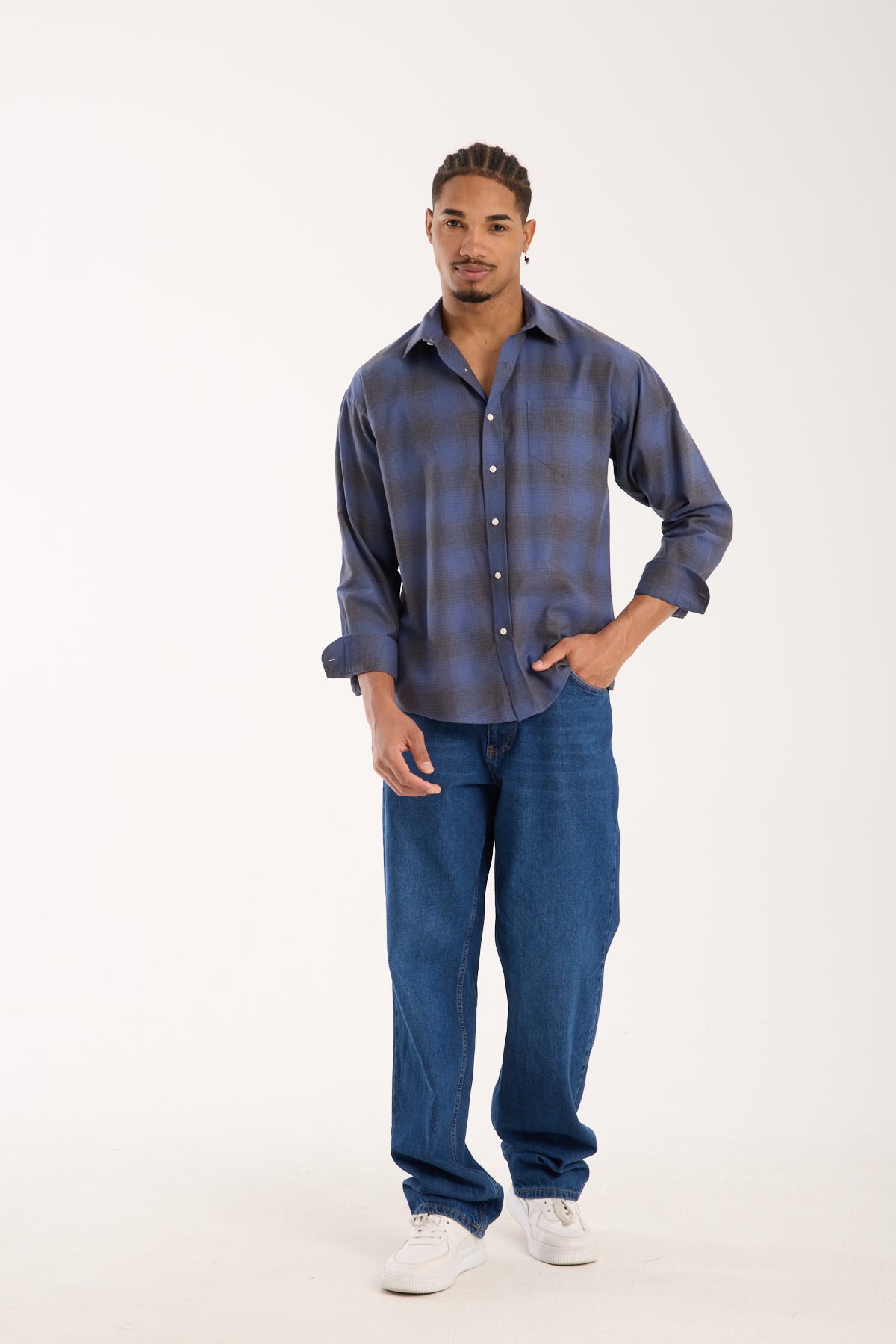 BB Club Rio Flanel %100 Pamuk Oversize Fit Lacivert Klasik Yaka Erkek Ekoseli Gömlek
