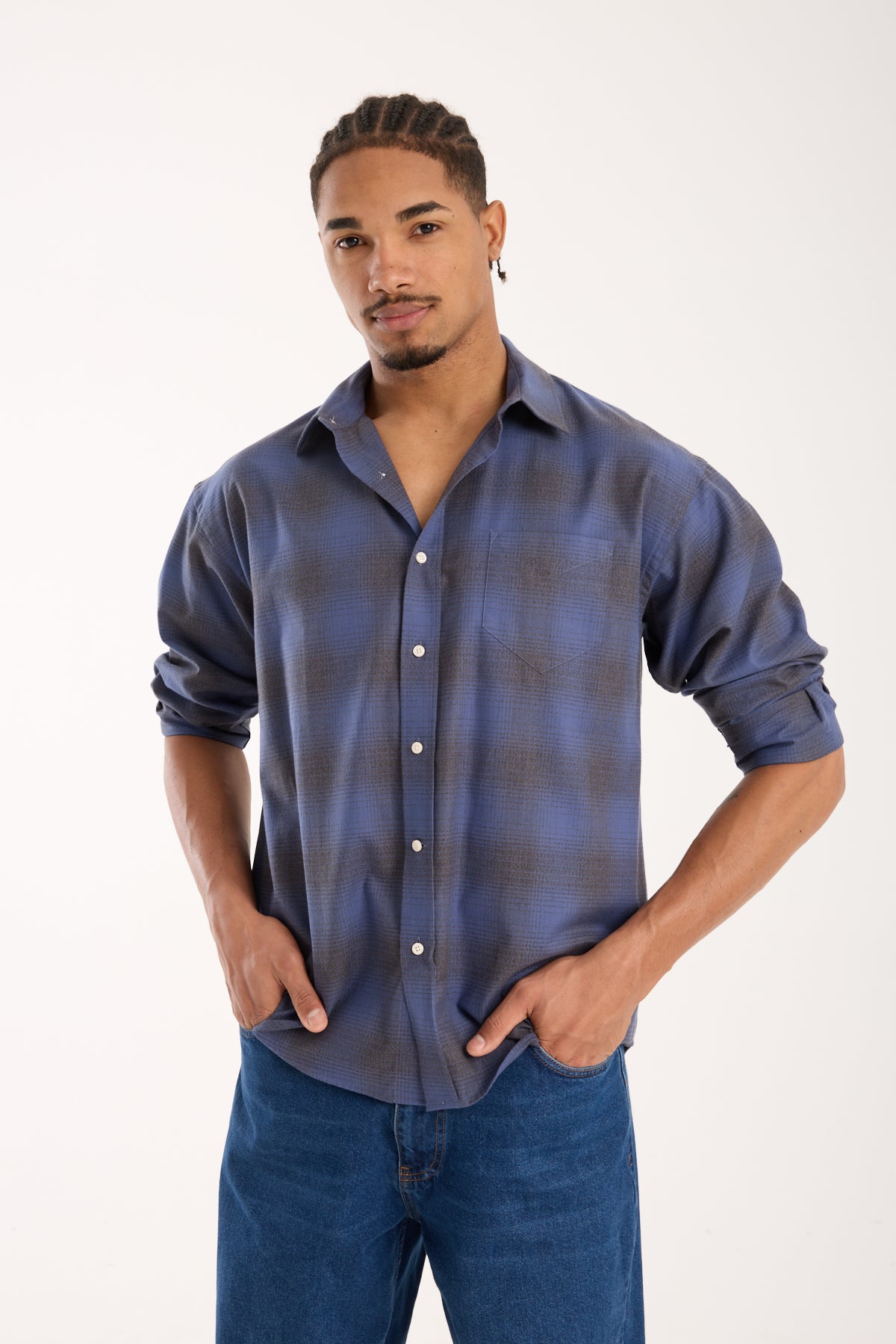 BB Club Rio Flanel Pamuklu Oversize Fit Lacivert Klasik Yaka Erkek Ekoseli Gömlek