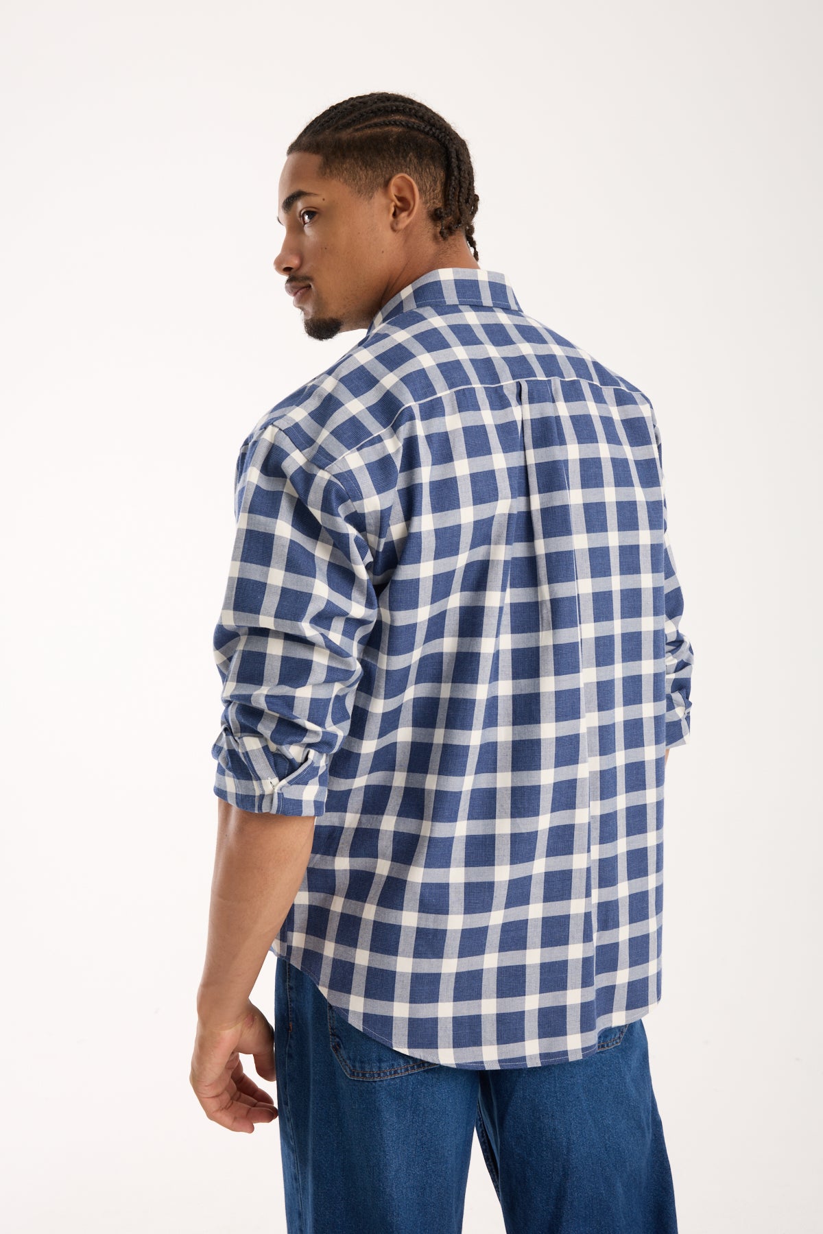 BB Club Rio Dokuma Pamuklu Oversize Fit Lacivert Klasik Yaka Erkek Kareli Gömlek