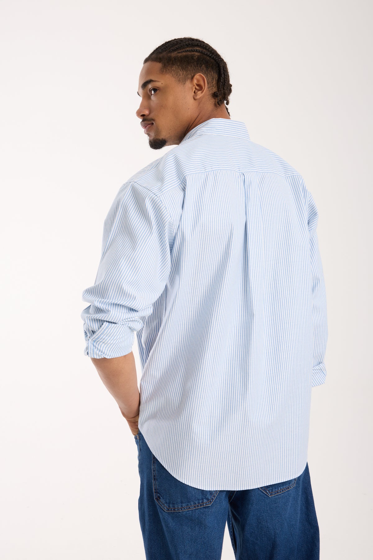 BB Club Rio Oxford Stretch Pamuk Karışımlı Oversize Fit Mavi Klasik Yaka Erkek Çizgili Gömlek