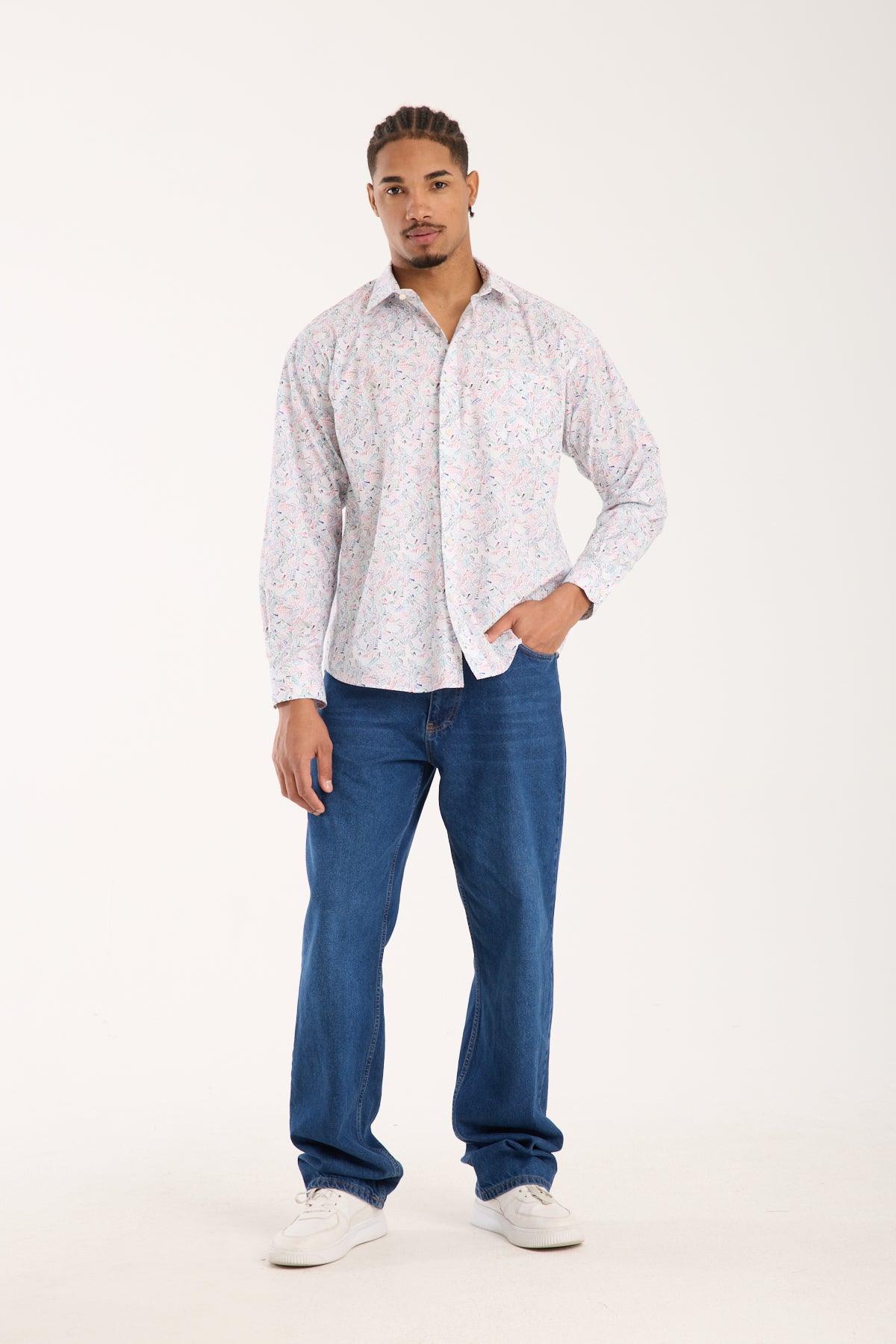 BB Club Rio Poplin Pamuklu Oversize Fit Beyaz Klasik Yaka Erkek Baskılı Gömlek