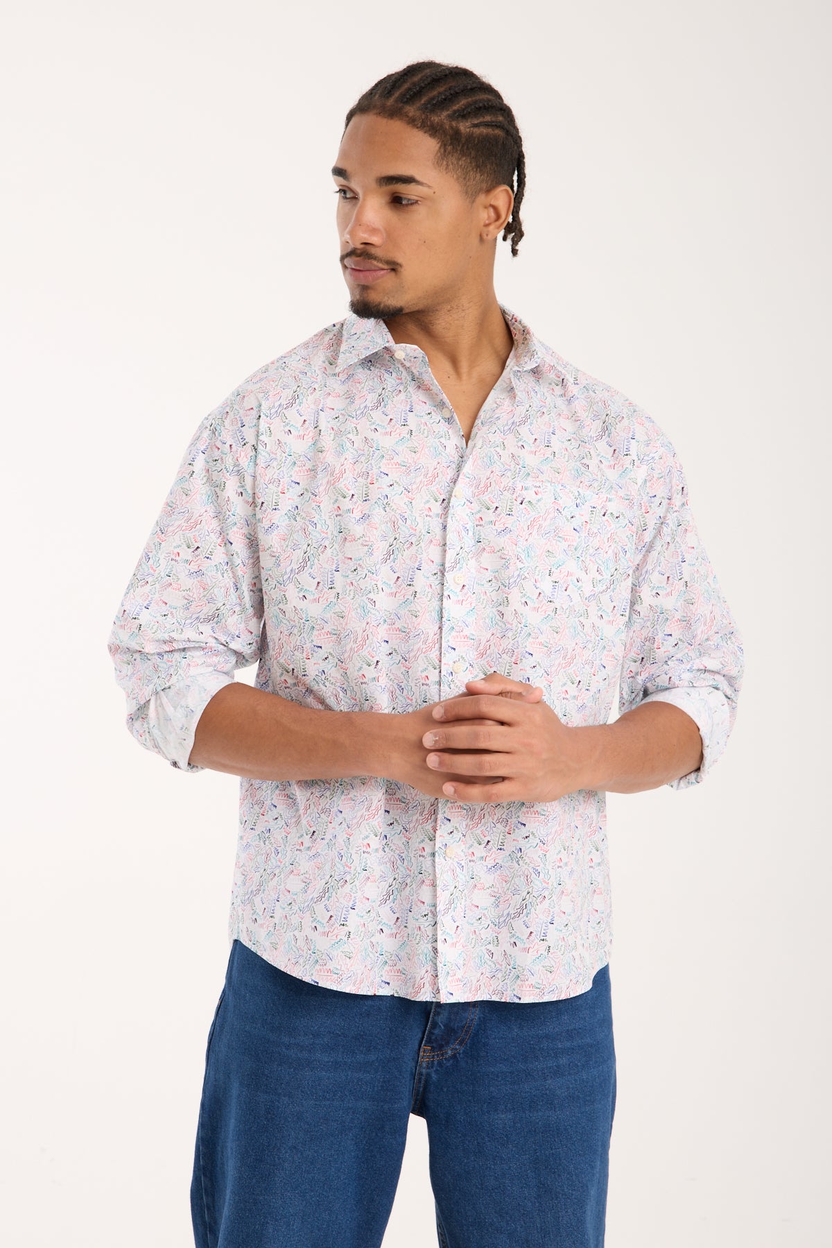 BB Club Rio Poplin %100 Pamuk Oversize Fit Beyaz Klasik Yaka Erkek Baskılı Gömlek