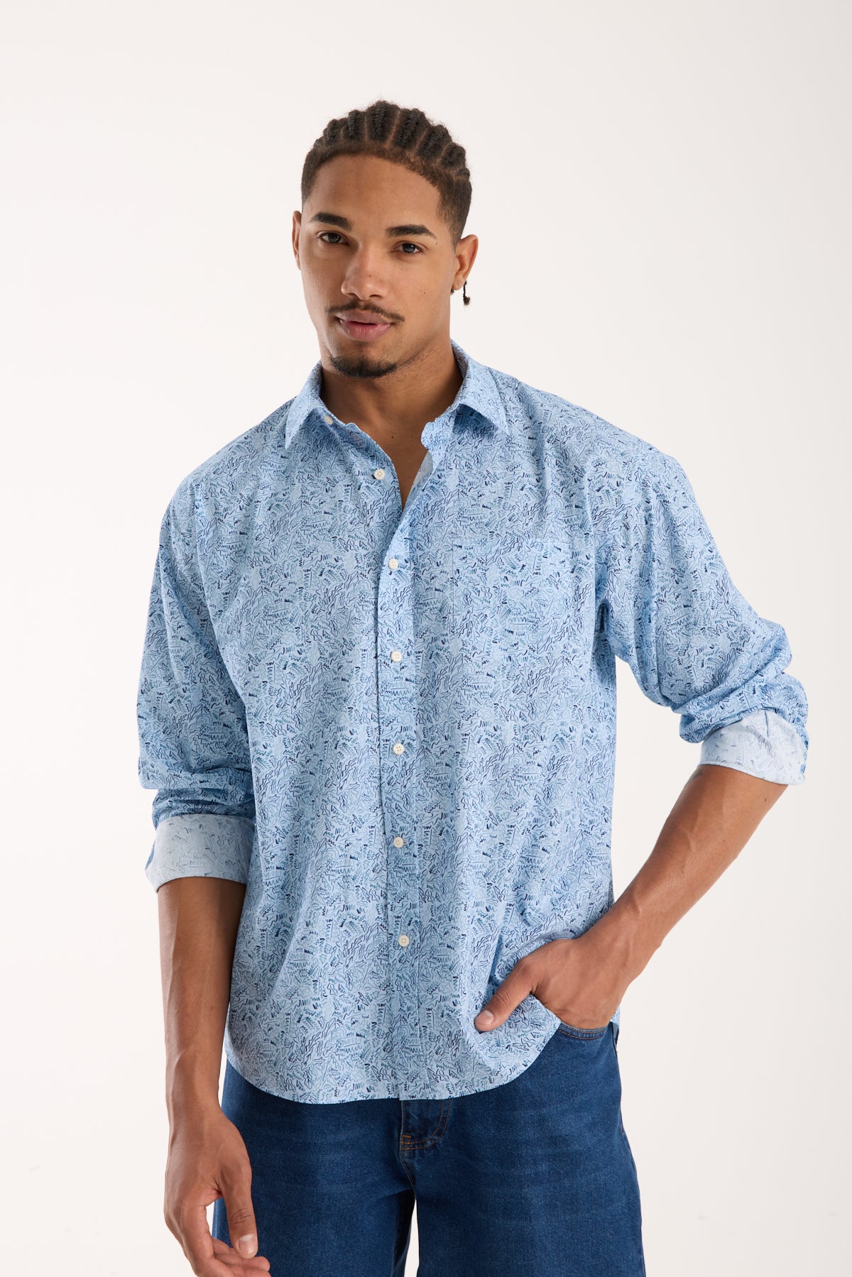 BB Club Rio Poplin Pamuklu Oversize Fit Açık Mavi Klasik Yaka Erkek Baskılı Gömlek