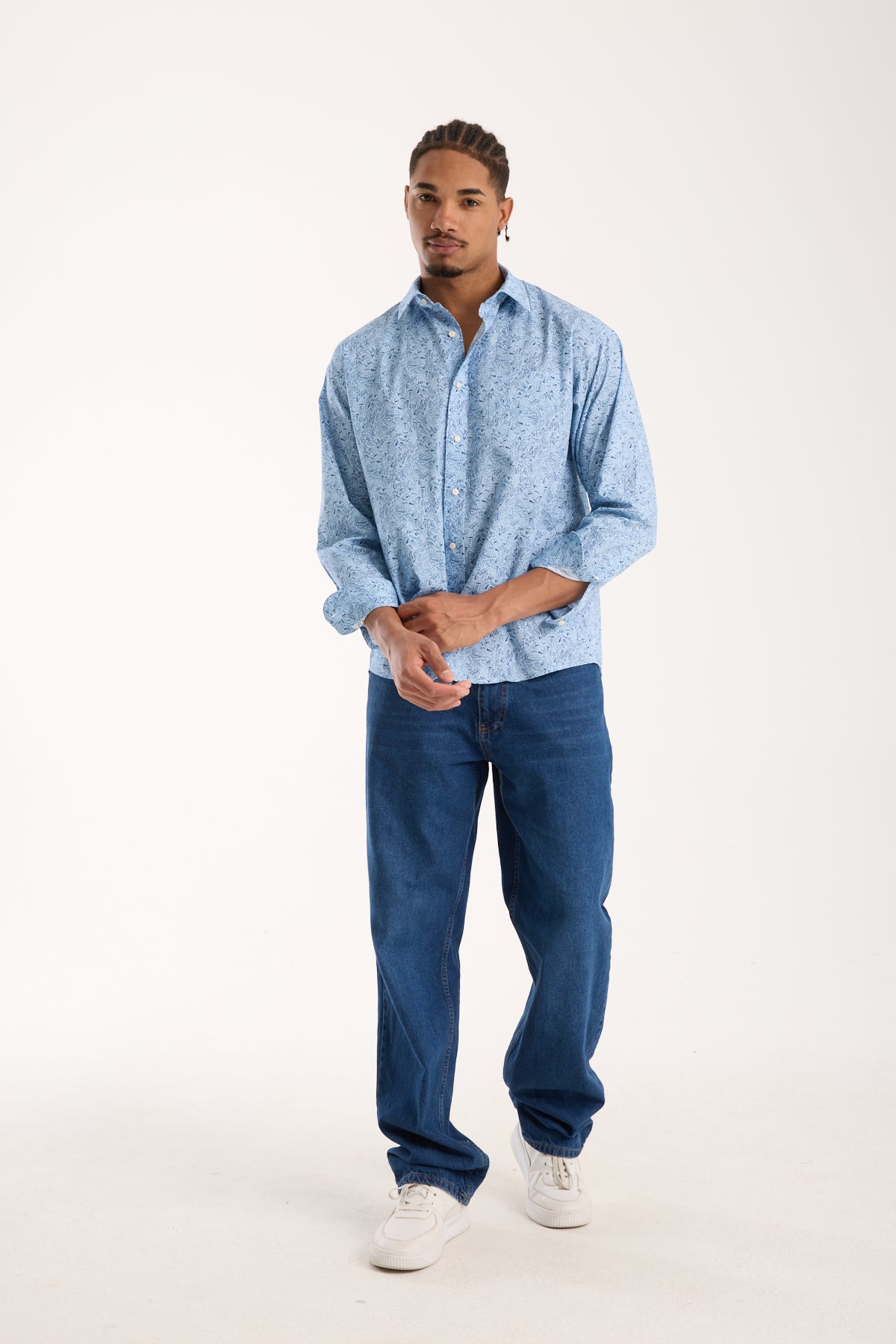 BB Club Rio Poplin Pamuklu Oversize Fit Açık Mavi Klasik Yaka Erkek Baskılı Gömlek