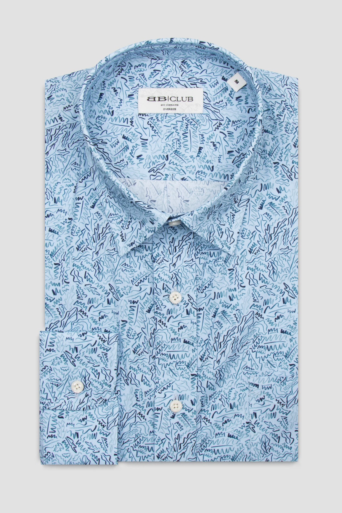 BB Club Rio Poplin Pamuklu Oversize Fit Açık Mavi Klasik Yaka Erkek Baskılı Gömlek