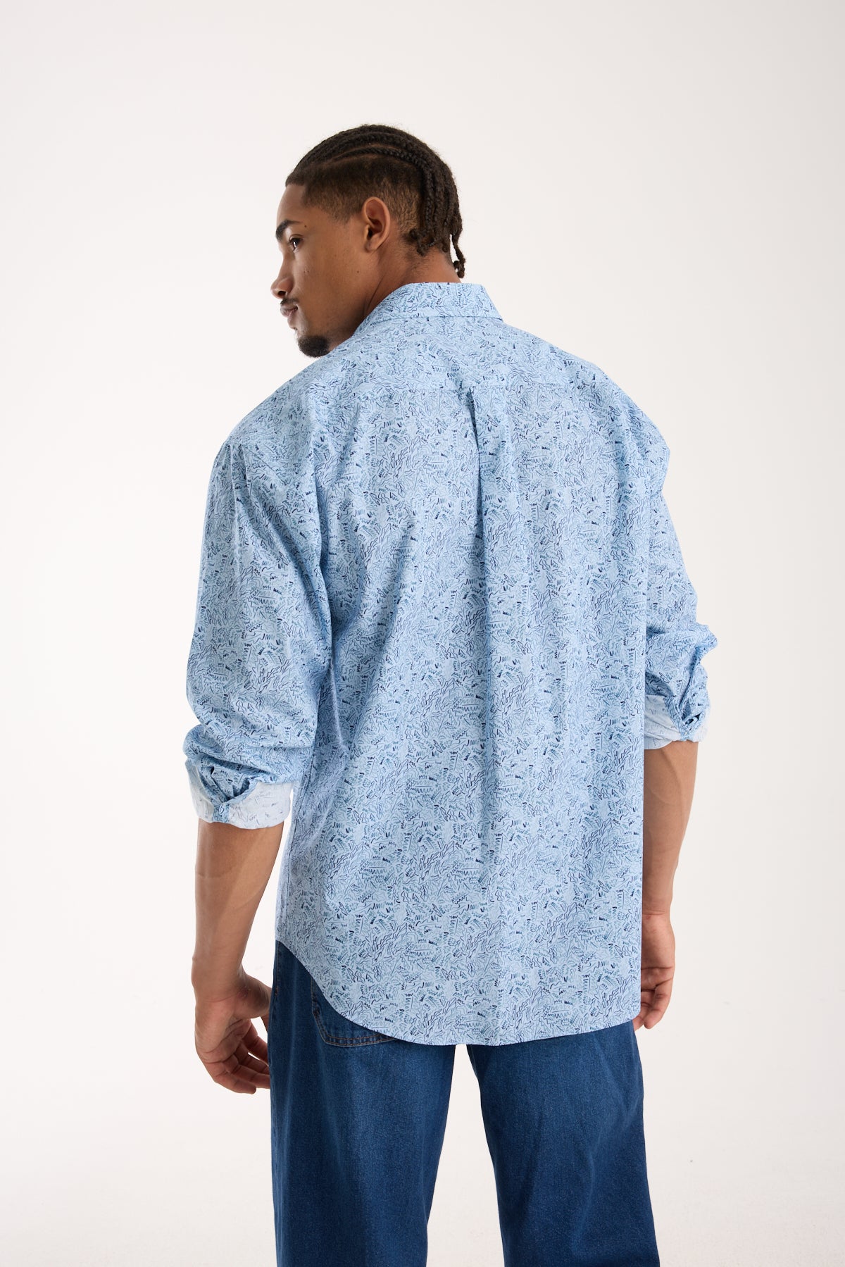 BB Club Rio Poplin Pamuklu Oversize Fit Açık Mavi Klasik Yaka Erkek Baskılı Gömlek
