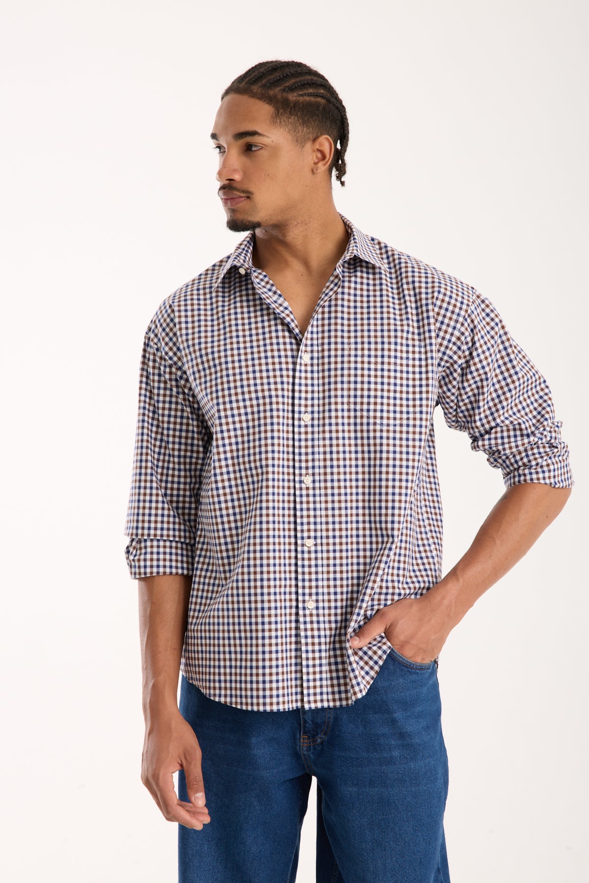 BB Club Rio Poplin Pamuklu Oversize Fit Kahverengi Klasik Yaka Erkek Kareli Gömlek