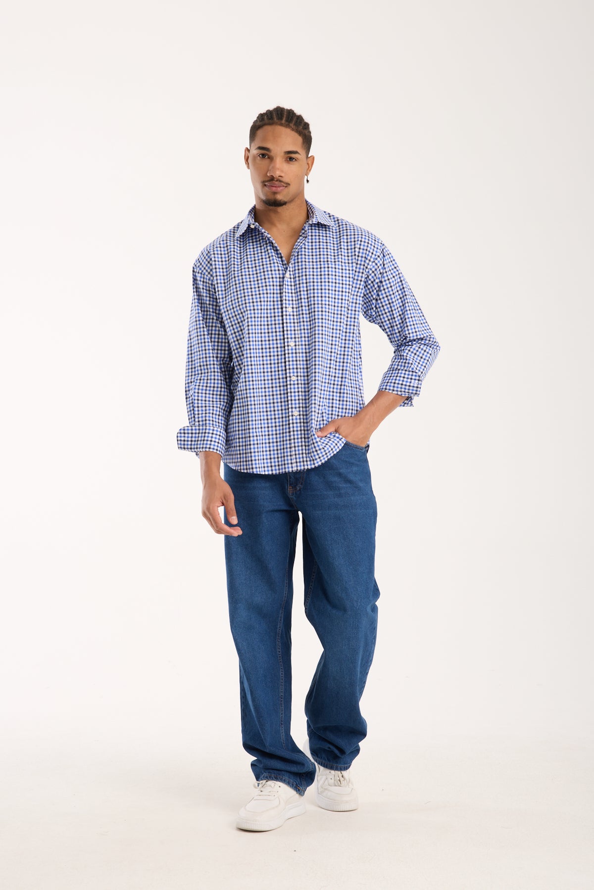 BB Club Rio Poplin Pamuklu Oversize Fit Koyu Mavi Klasik Yaka Erkek Kareli Gömlek