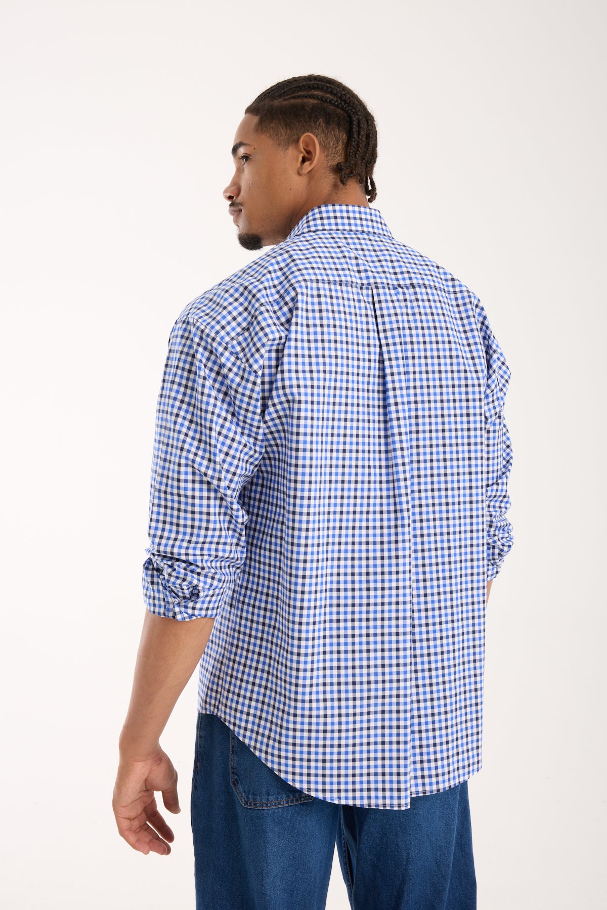 BB Club Rio Poplin Pamuklu Oversize Fit Koyu Mavi Klasik Yaka Erkek Kareli Gömlek
