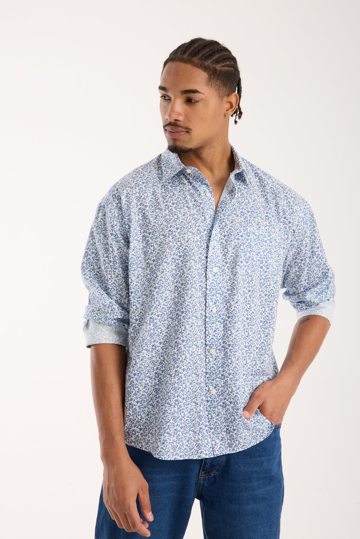 BB Club Rio Poplin %100 Pamuk Oversize Fit Beyaz Klasik Yaka Erkek Baskılı Gömlek