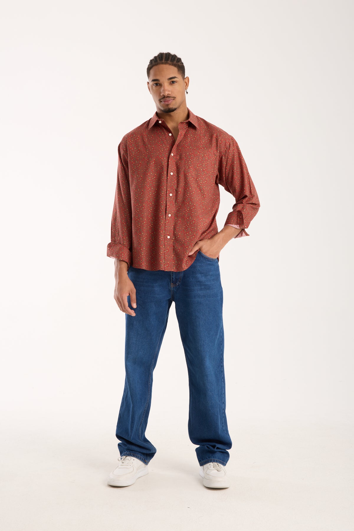 BB Club Rio Poplin Pamuklu Oversize Fit Kırmızı Klasik Yaka Erkek Baskılı Gömlek
