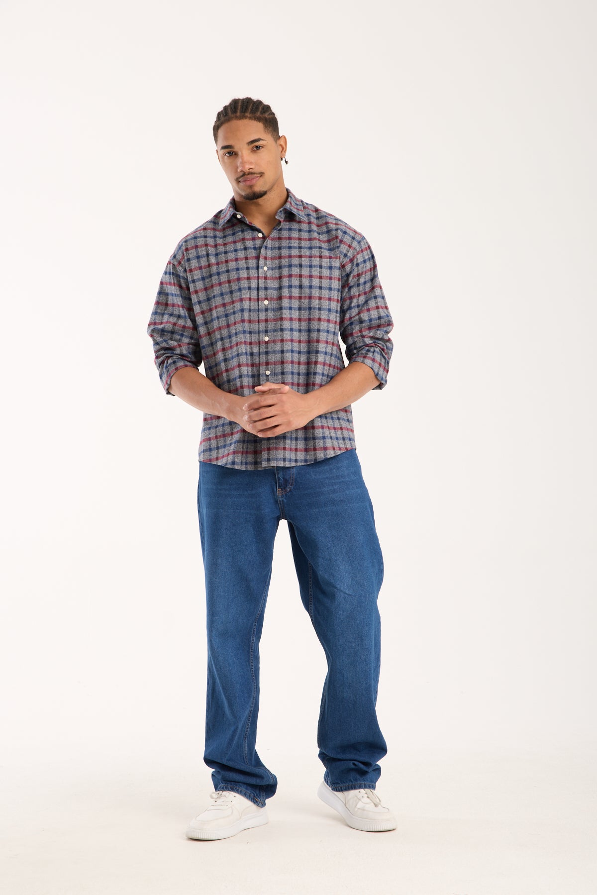 BB Club Rio Twill Pamuklu Oversize Fit Gri Klasik Yaka Erkek Ekoseli Gömlek