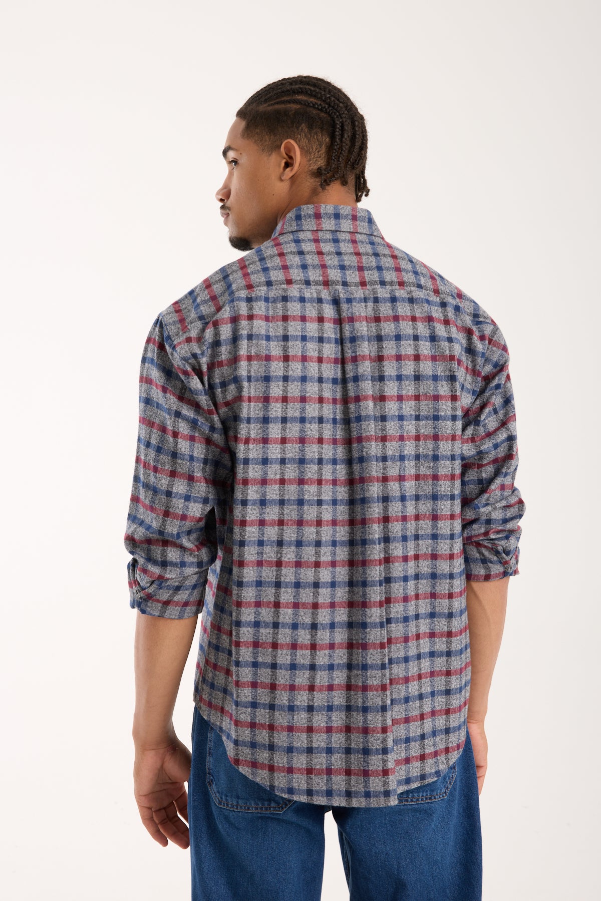 BB Club Rio Twill Pamuklu Oversize Fit Gri Klasik Yaka Erkek Ekoseli Gömlek