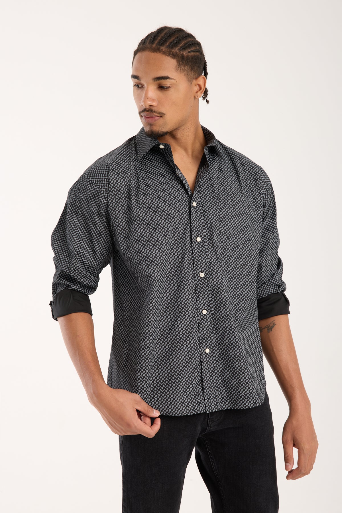 BB Club Rio Poplin Stretch Pamuk Karışımlı Oversize Fit Siyah Klasik Yaka Erkek Baskılı Gömlek