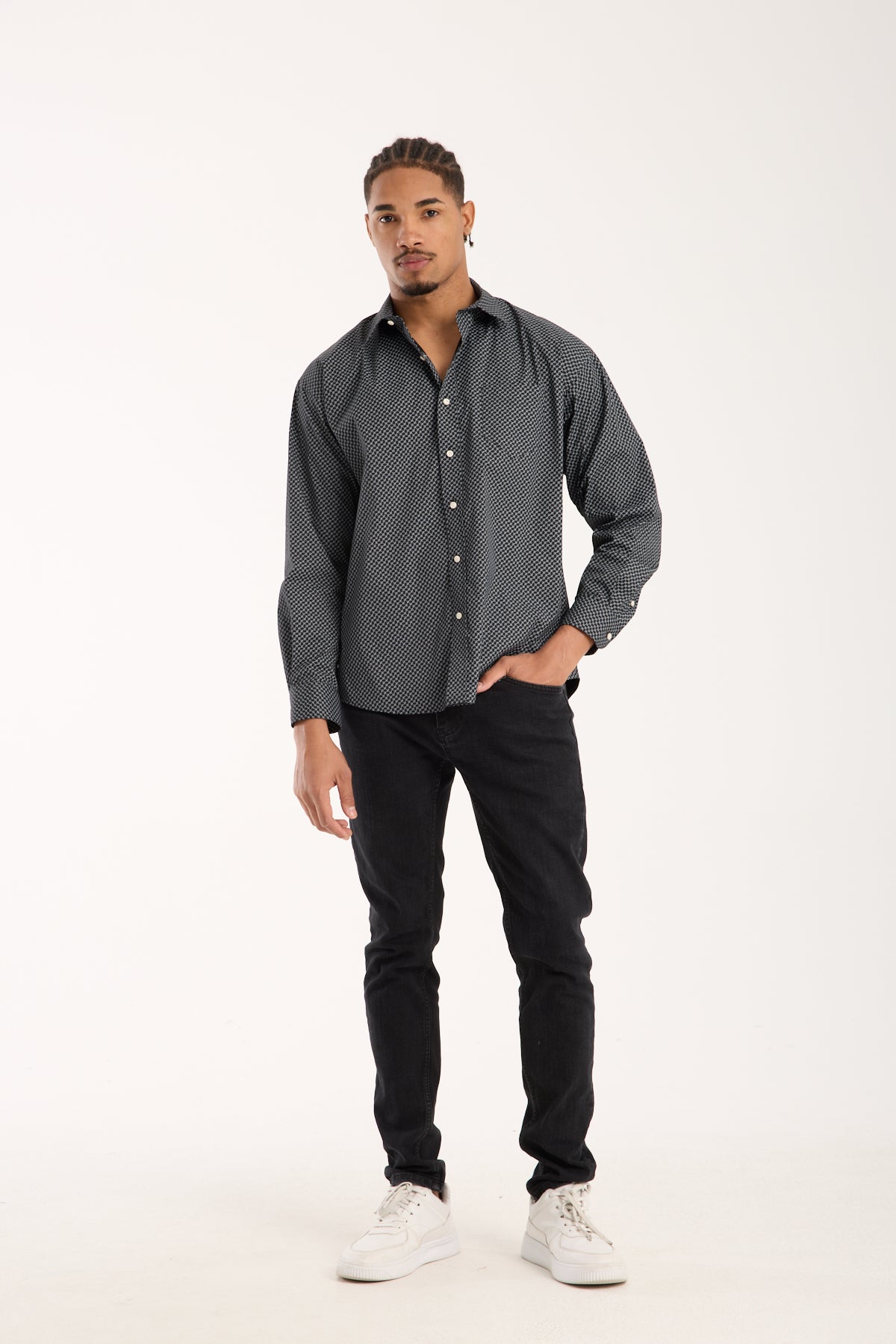 BB Club Rio Poplin Stretch Pamuk Karışımlı Oversize Fit Siyah Klasik Yaka Erkek Baskılı Gömlek