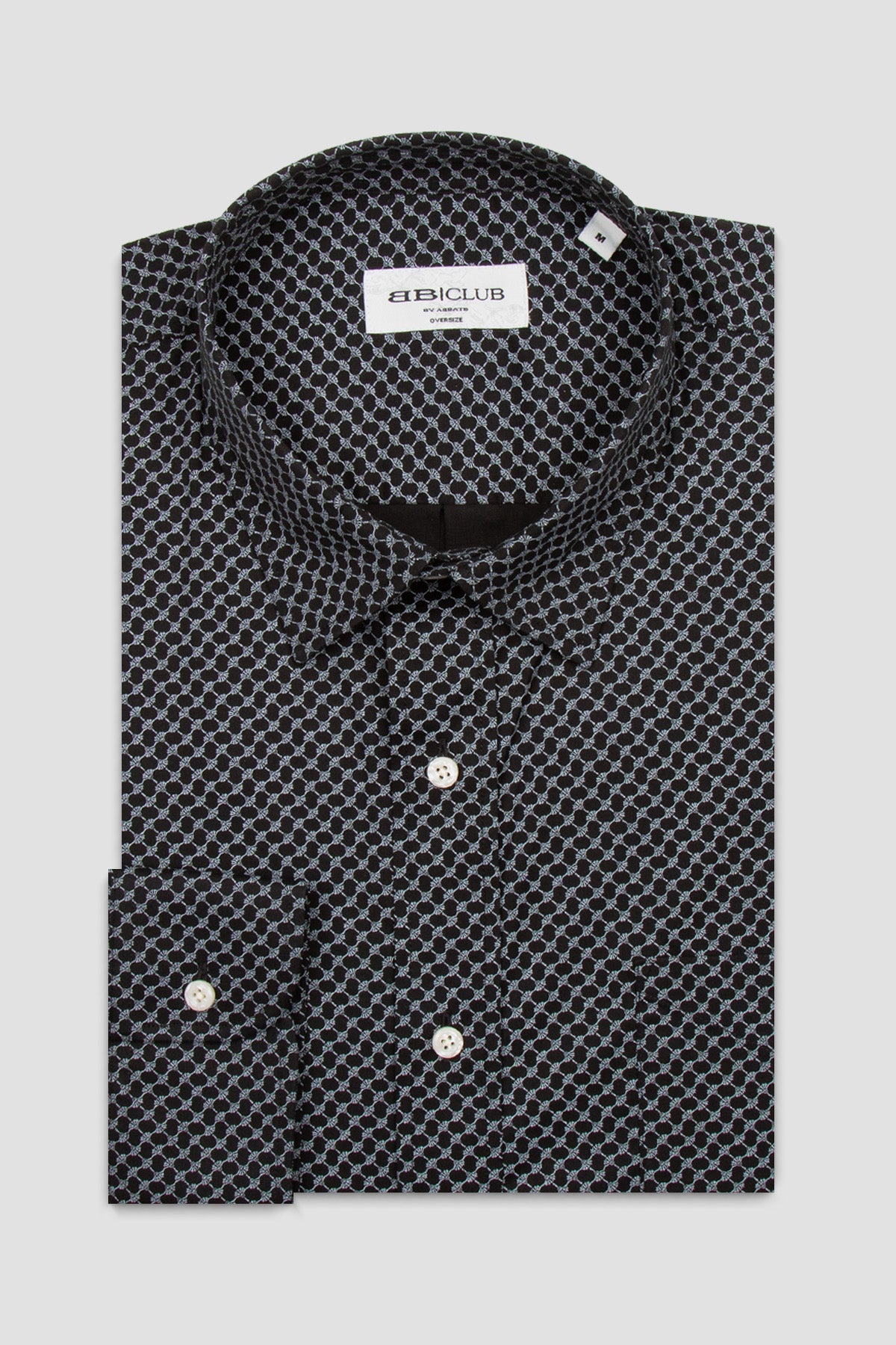 BB Club Rio Poplin Stretch Pamuk Karışımlı Oversize Fit Siyah Klasik Yaka Erkek Baskılı Gömlek