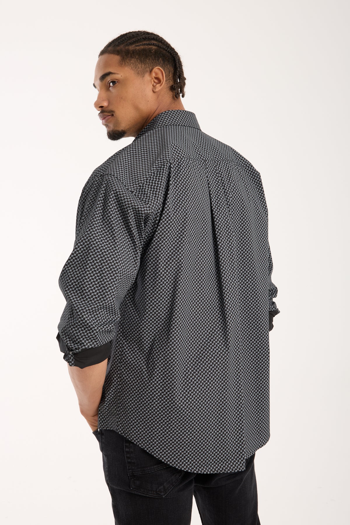 BB Club Rio Poplin Stretch Pamuk Karışımlı Oversize Fit Siyah Klasik Yaka Erkek Baskılı Gömlek