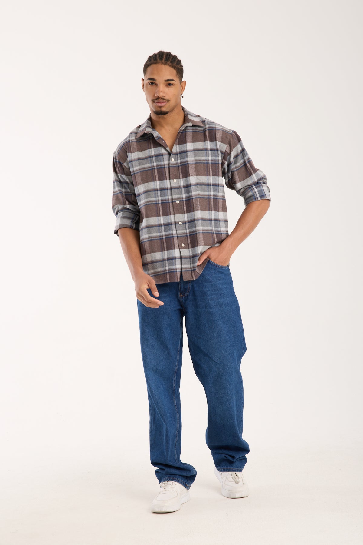 BB Club Rio Flanel Pamuklu Oversize Fit Kahverengi Klasik Yaka Erkek Ekoseli Gömlek